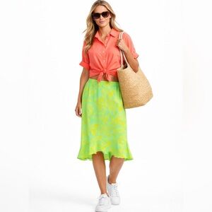 Vintage FRESH PRODUCE Lime Green Yellow Floral Ruffle Pull On Skirt - Sz M 💚🎀